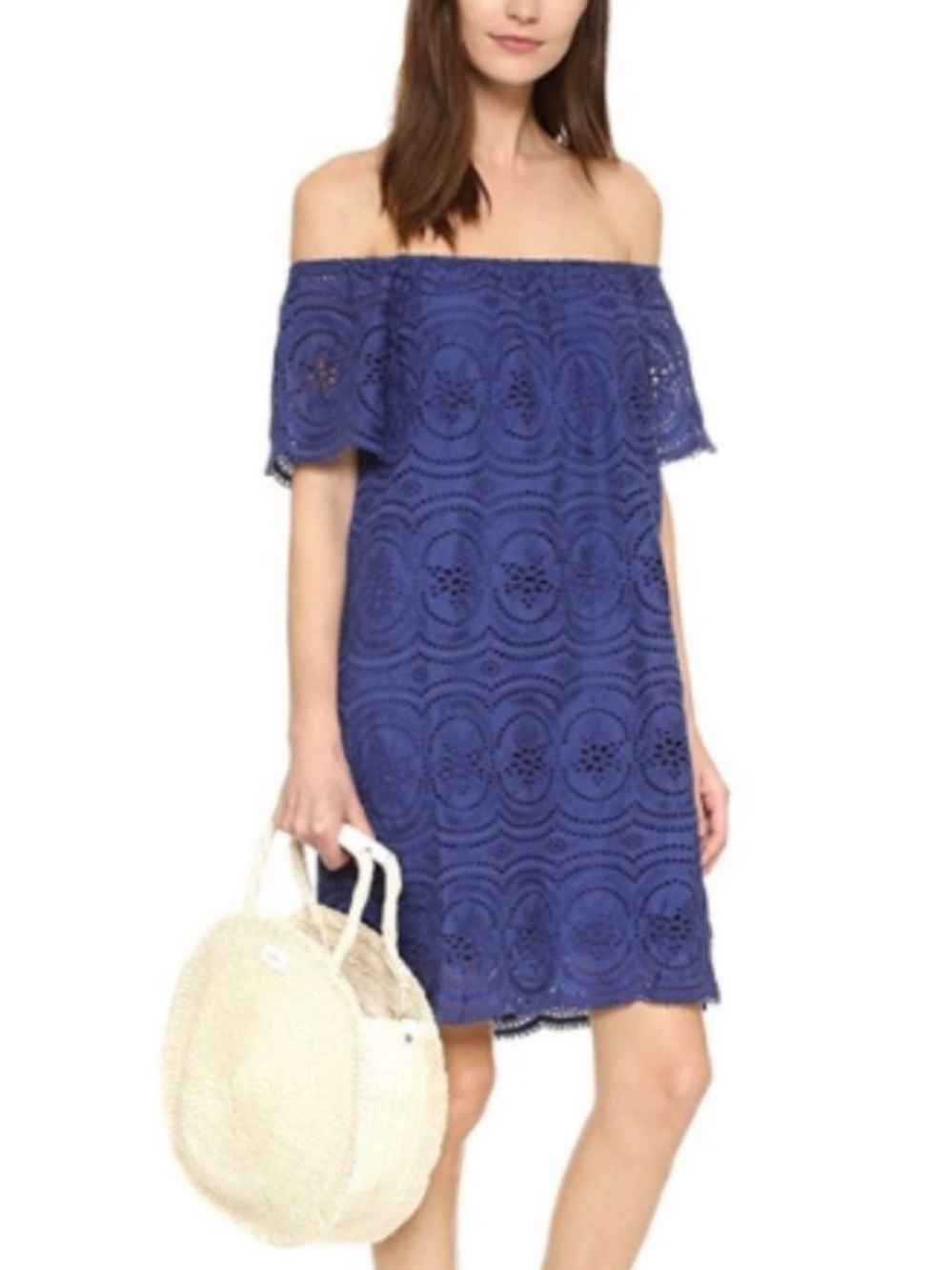 NWT Joie Bondi Eyelet Off Shoulder Dress Navy Blue Cotton Medium